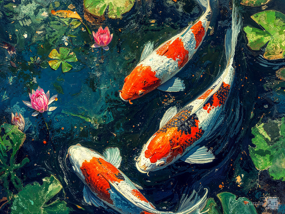 Koi Fish Amidst Lily Pads