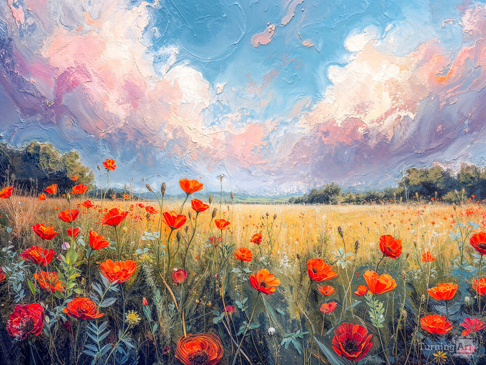Vibrant Poppy Field Under Colorful Sky