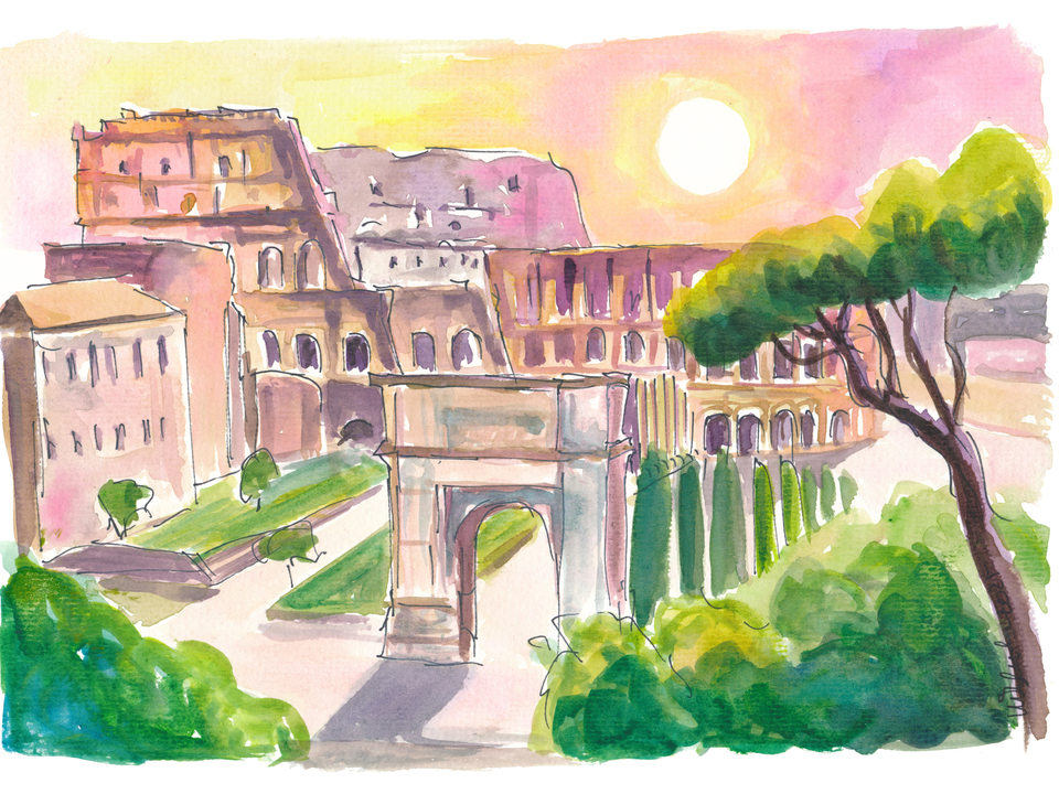 Rome Coliseum and Arch of Titus at Sunset Glow in Italy