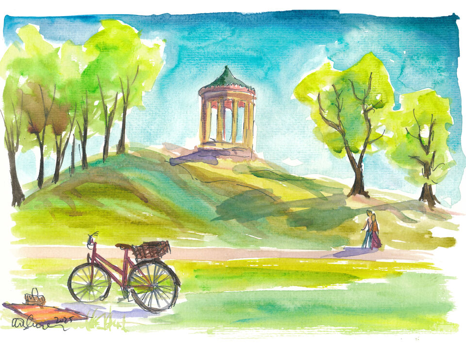 Walking through the English Garden in Munich with Monopteros Temple