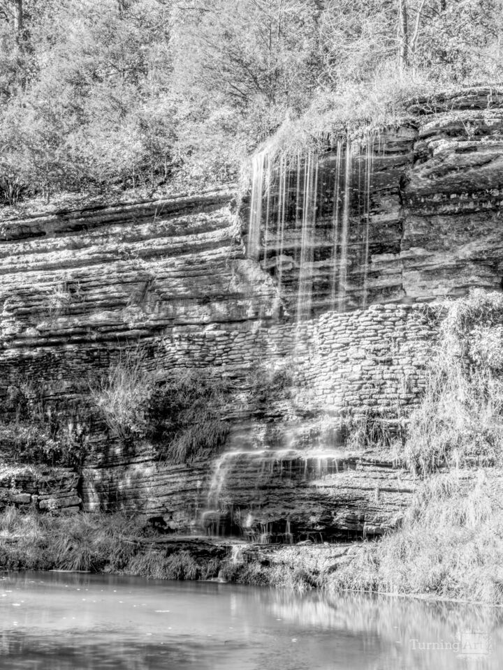 Great Spirit Rock Shelter Falls Autumn Vertical Grayscale