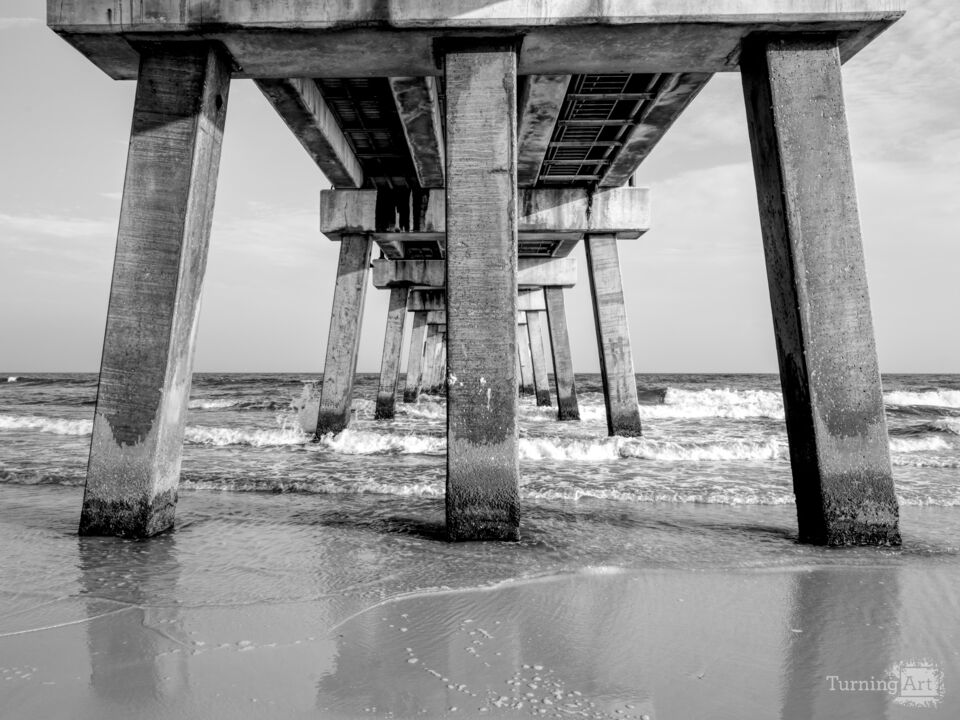 Waves Beneath Gulf Shores Pier Grayscale