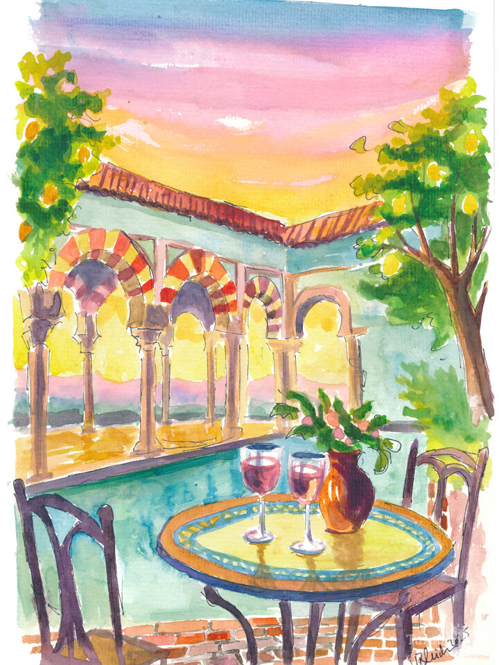 Romantic Andalusian Patio at Sunset with Pool and Table for Two
