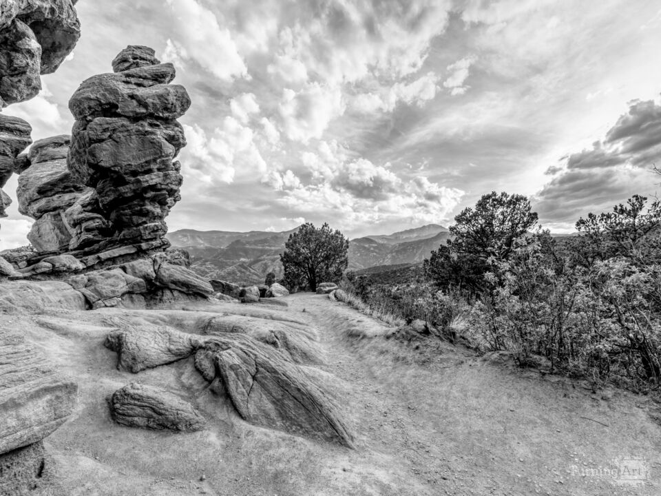 Pikes Peak View Behind Siamese Twins Grayscale
