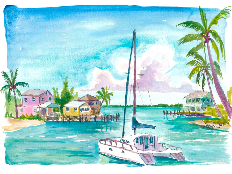Bahamas Harbour Scene with Sailboat and Houses