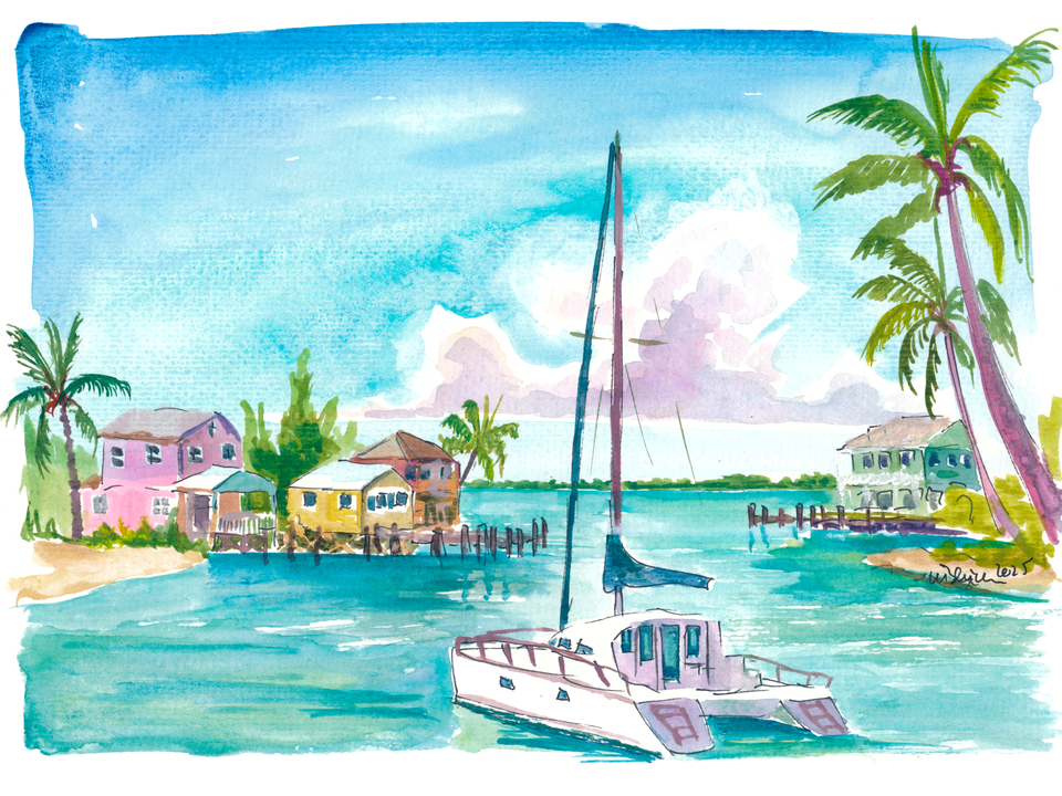 Bahamas Harbour Scene with Sailboat and Houses