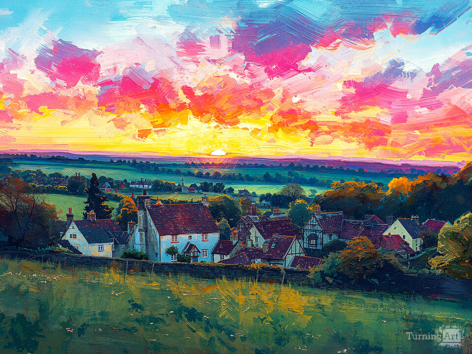 Vibrant Sunset Over Countryside Village