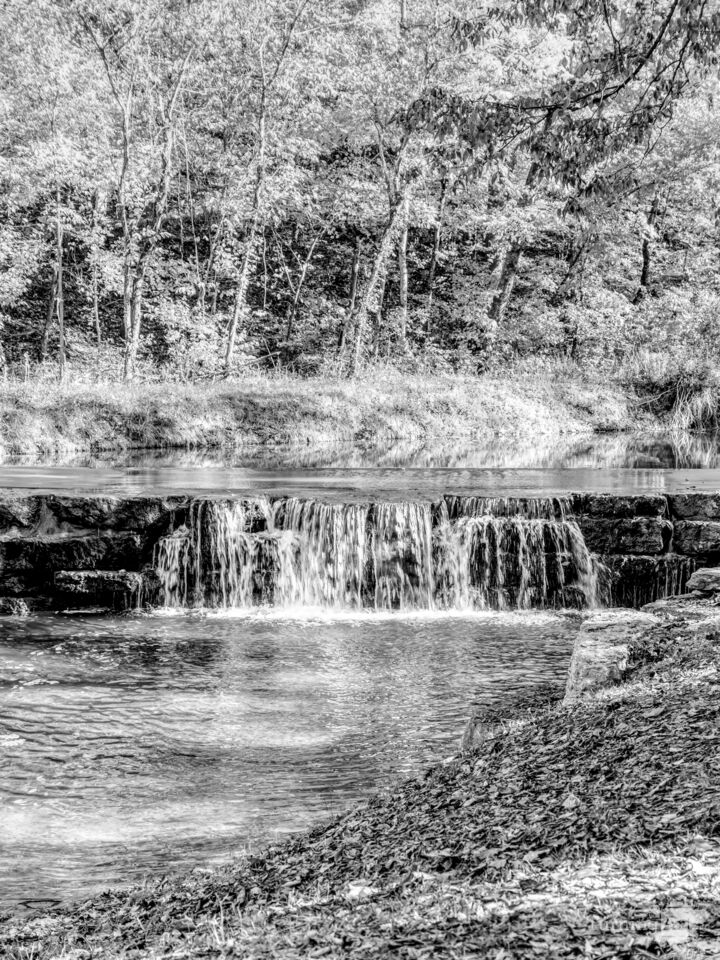 Flowing Waterfall On A Autumn Day Grayscale