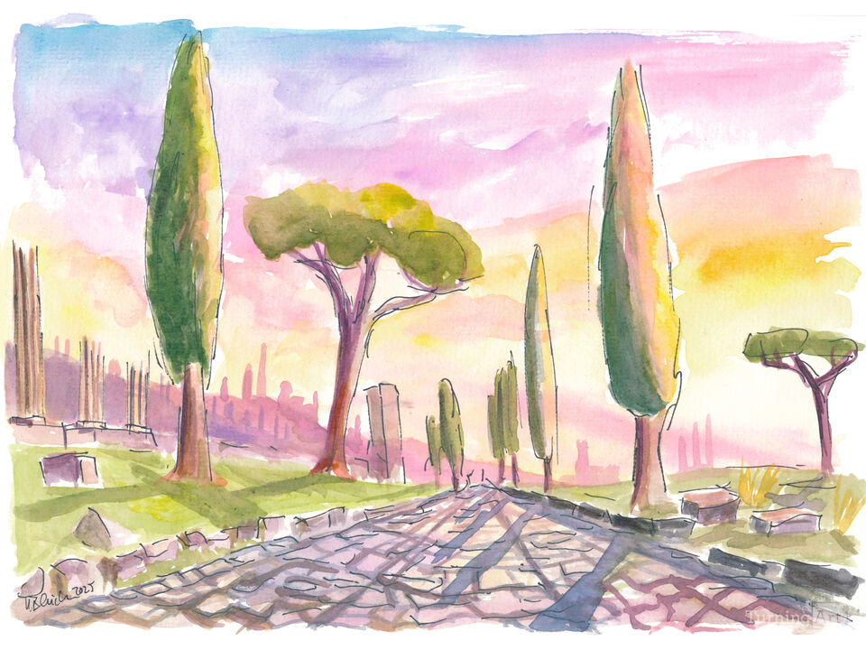 Ancient Via Appia Road in Soft Mediterranean Light