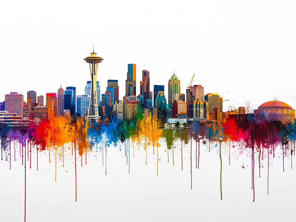 Colorful Seattle Skyline Art Drip Style
