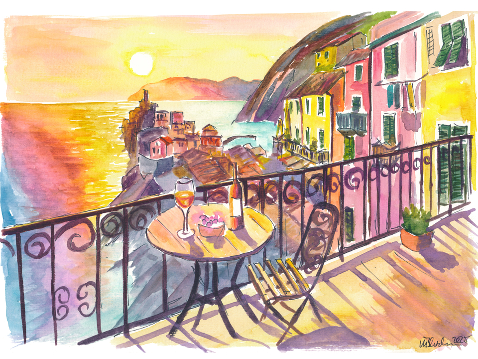 Romantic Vernazza Balcony Sunset Above 5 Terre City and Sea