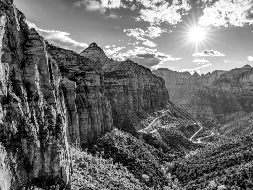 Evening Sunburst Over Zion Canyon Grayscale