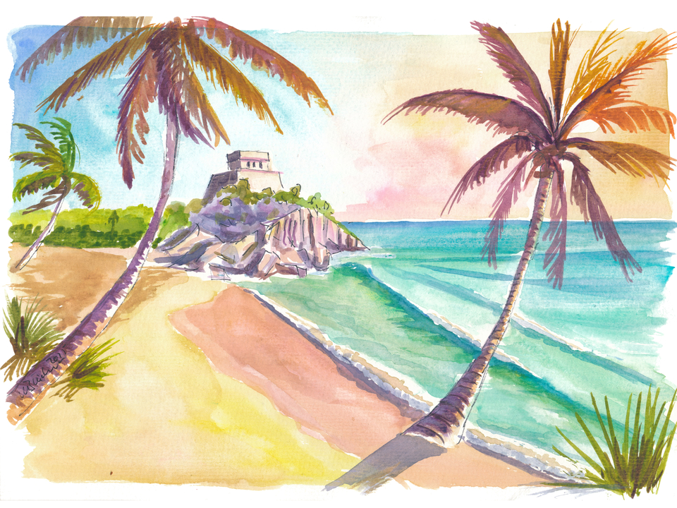 Tulum Beach Paradise with Turquoise Waves and Palms
