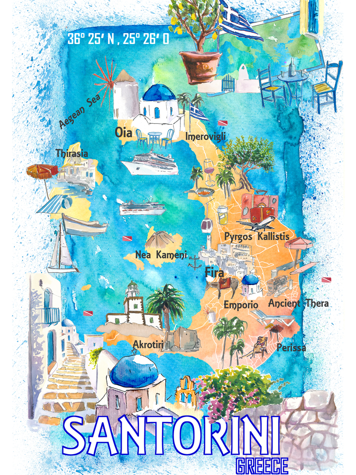 Santorini Greece Cyclades Illustrated Island Map