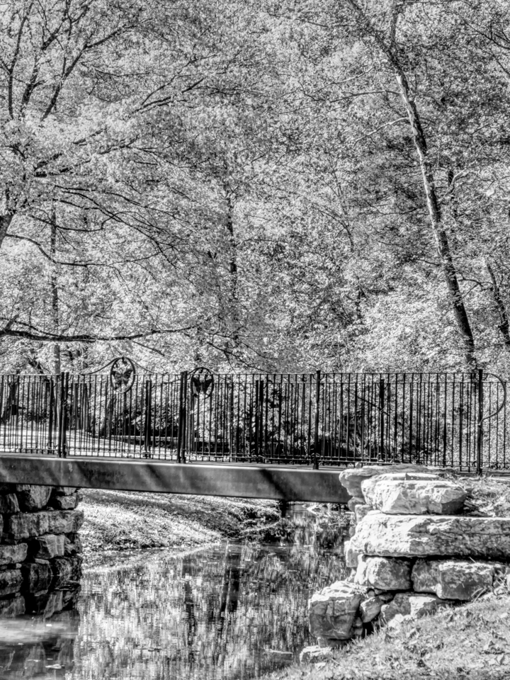 Bridge Crossing The Reflective Creek Grayscale