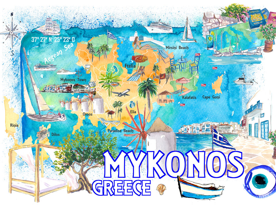 Mykonos Greece Cyclades Illustrated Island Map with Iconic Highlights - Vertical Edition