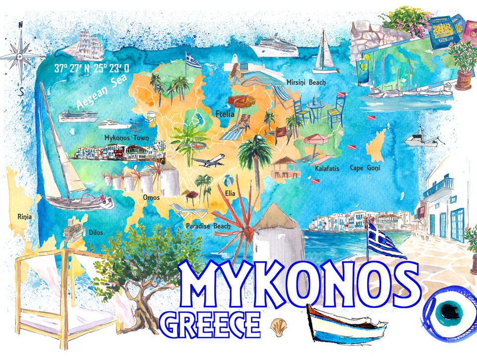 Mykonos Greece Cyclades Illustrated Island Map with Iconic Highlights - Vertical Edition