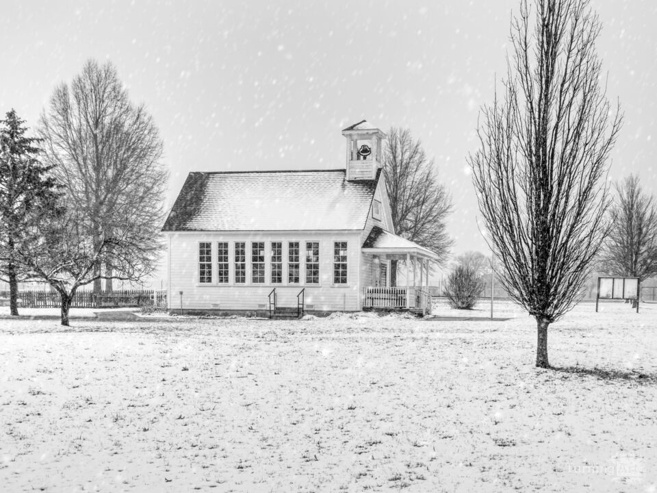 Snowfall At Liberty Schoolhouse Grayscale