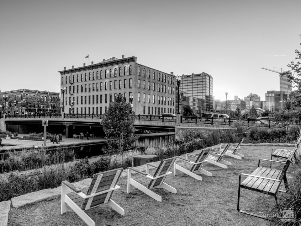 Downtown Omaha Seating Area At Dusk Grayscale