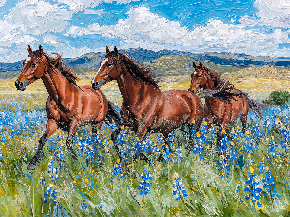 Wild Horses in a Flower Field