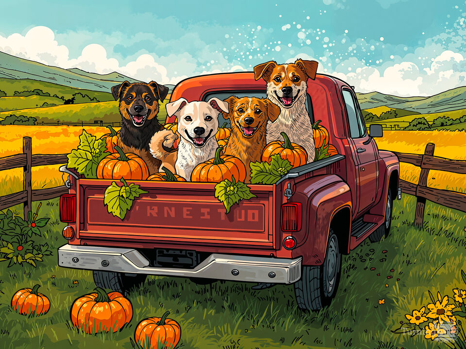 Doggies on a Pumpkin-filled Truck