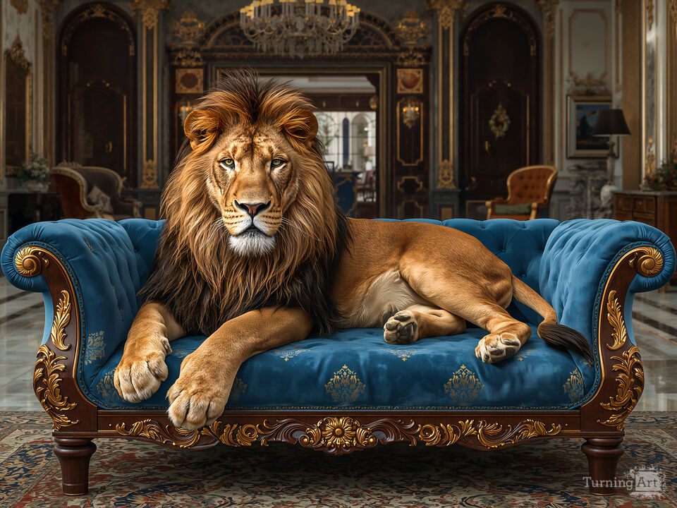 Regal Lion on Luxurious Sofa