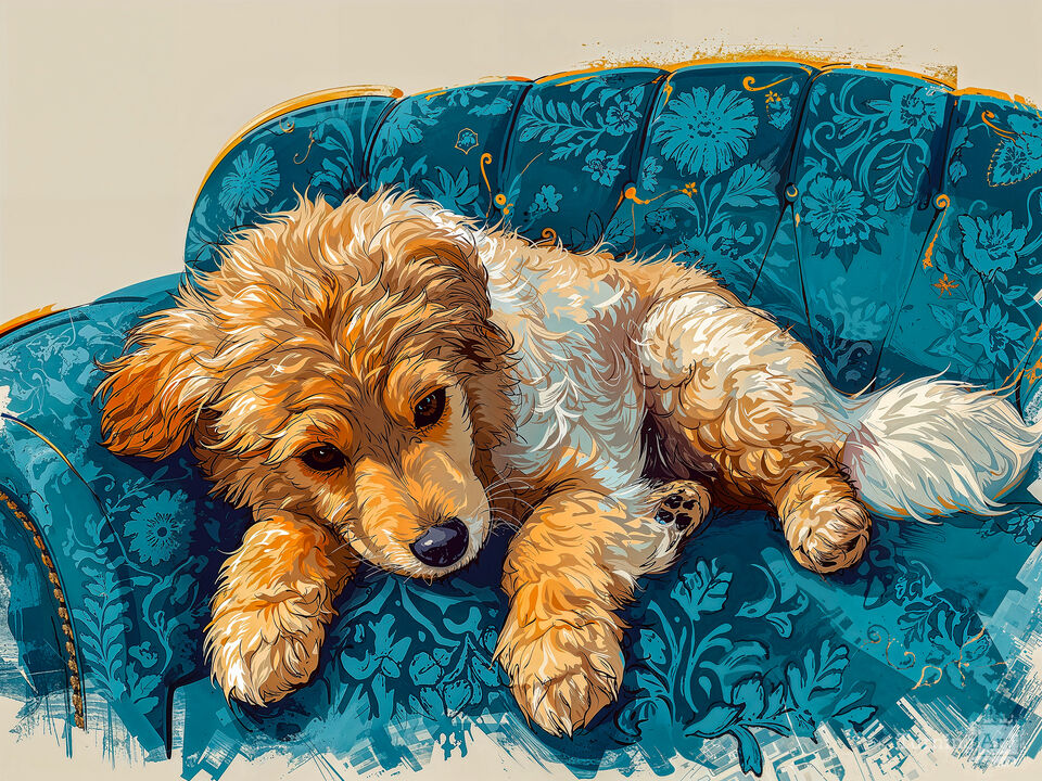 Fluffy Dog On Blue Couch