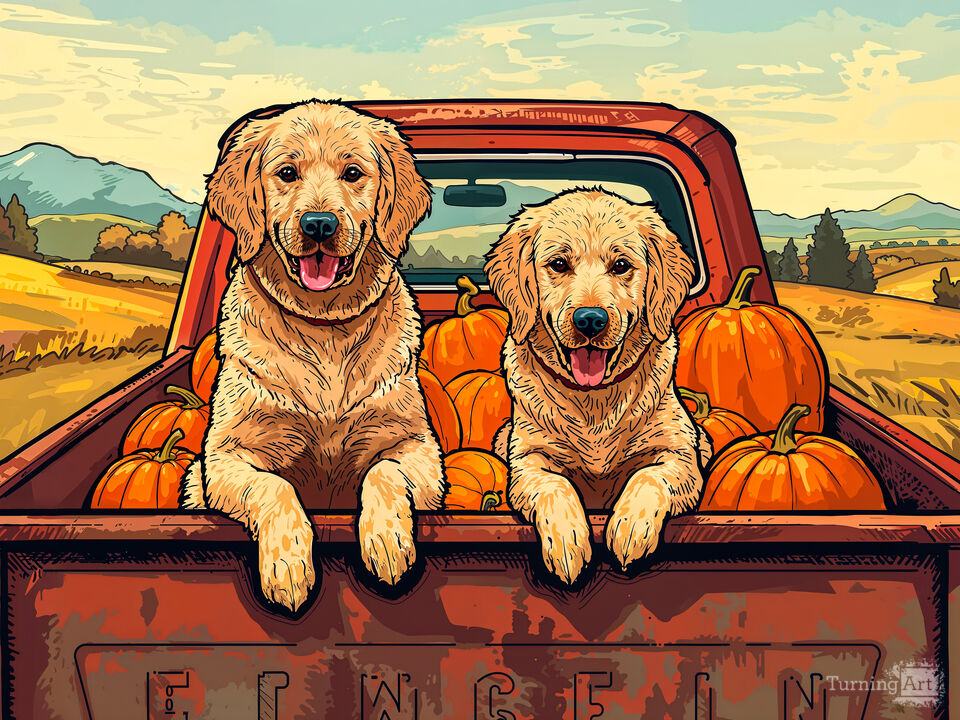 Golden Retrievers in Pumpkin-Laden Truck