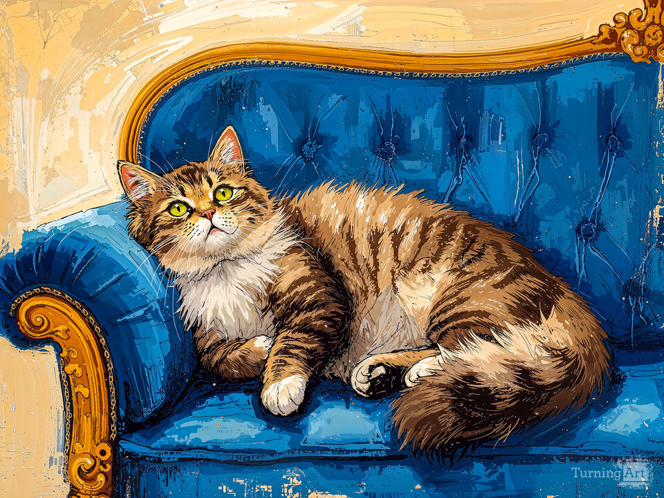 Cute Cat Relaxing on a Blue Sofa