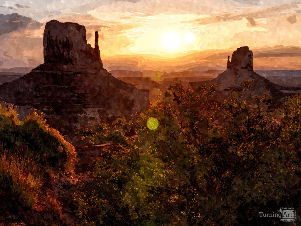 Mittens Sunrise Behind Bushes Painterly