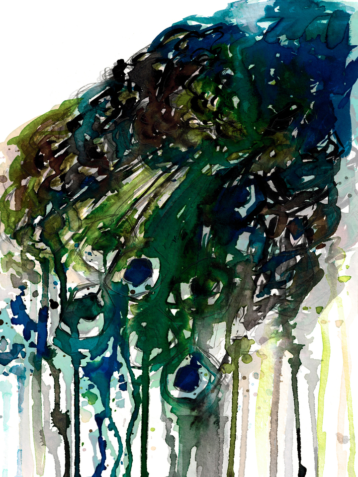 PRIDE, BLUE GREEN - ABSTRACT PEACOCK FEATHERS WATERCOLOR