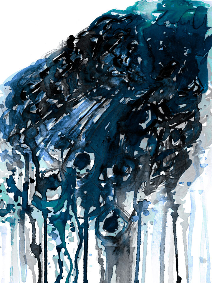 PRIDE, INDIGO BLUE BLACK - ABSTRACT PEACOCK FEATHERS WATERCOLOR