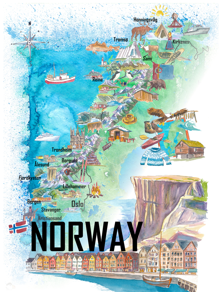 Norway Country Map with Iconic Landmarks