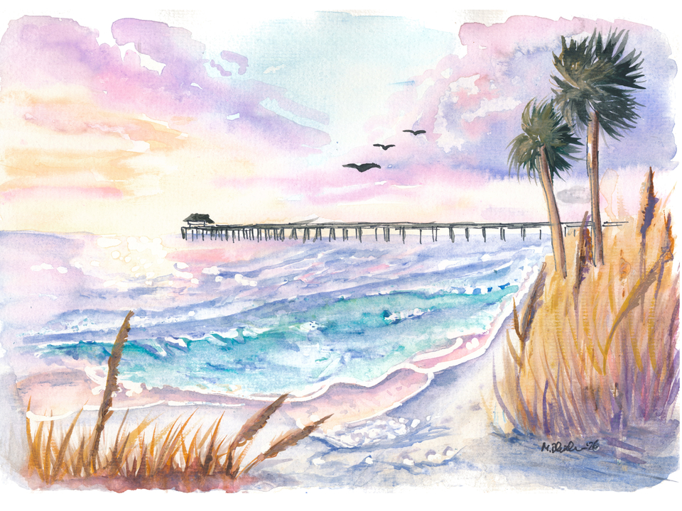 Golden Sunset Over Tybee Pier Coastal Georgia Shore