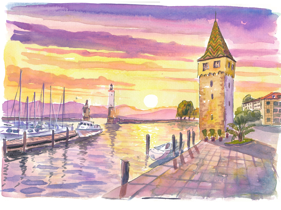 Lindau Harbor and Mangturm at Lake Constance