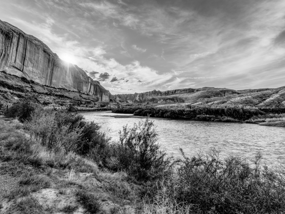 Evening Glow Along Colorado River In Utah Grayscale