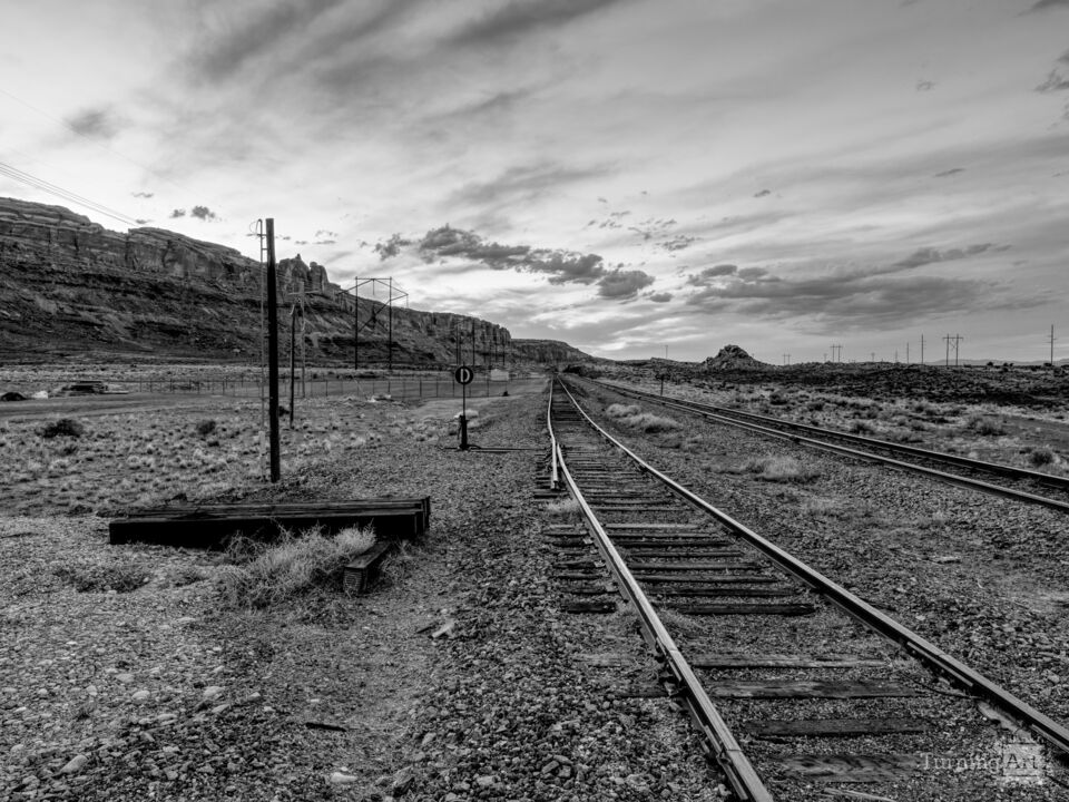 Dusk Over Moab Railroad Tracks Grayscale
