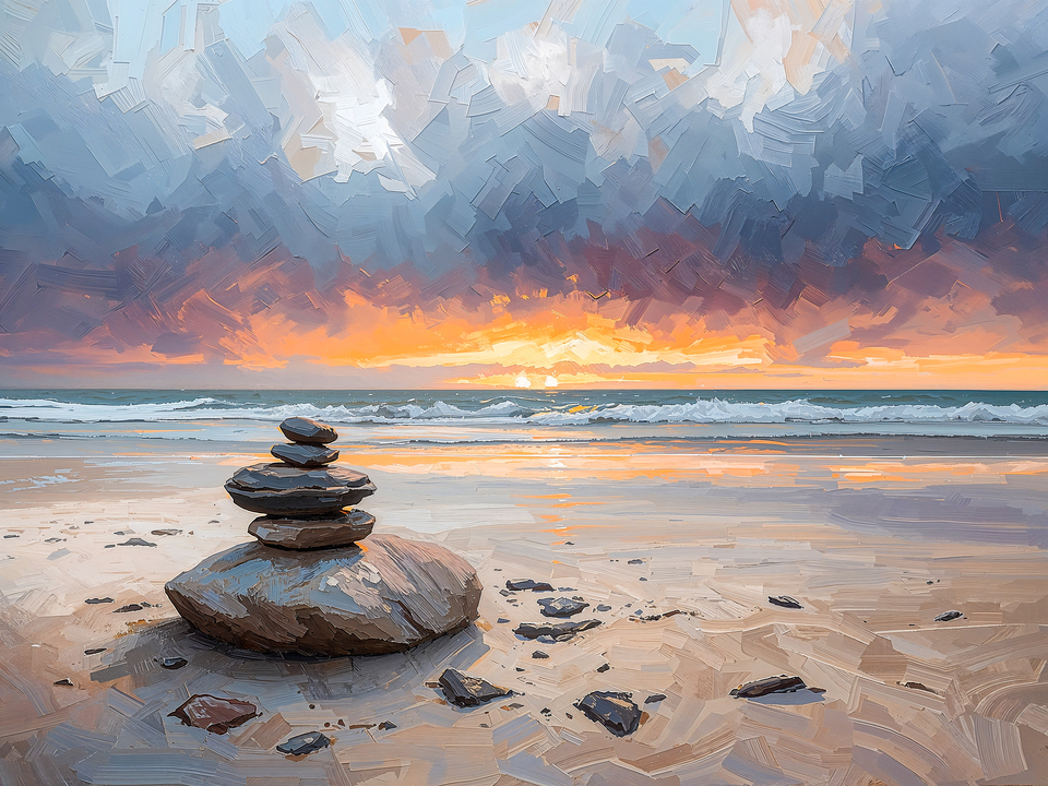 Tranquil Beach Sunset - Stacked Stones