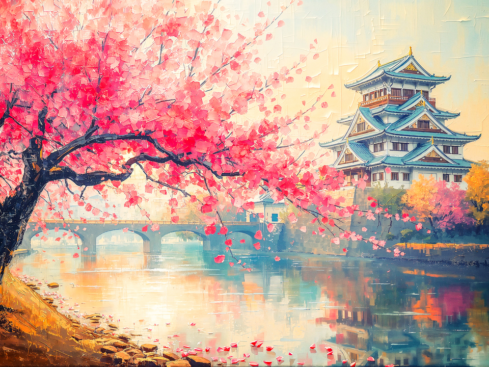 Cherry Blossoms by the Riverside Temple