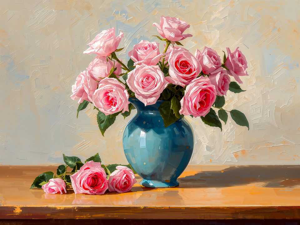 Blue Vase with Her Pink Roses