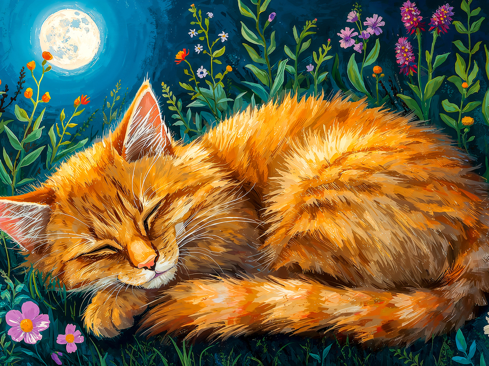 Cat Dreaming Under Moonlight