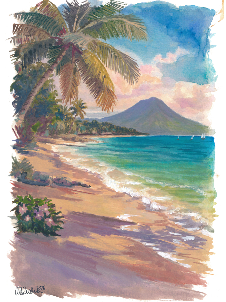 Martinique Beach Scene with Palm and Caribbean