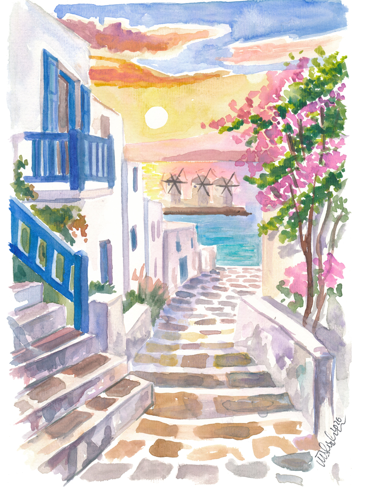 Mykonos Alley Painting with Stairs and Windmills