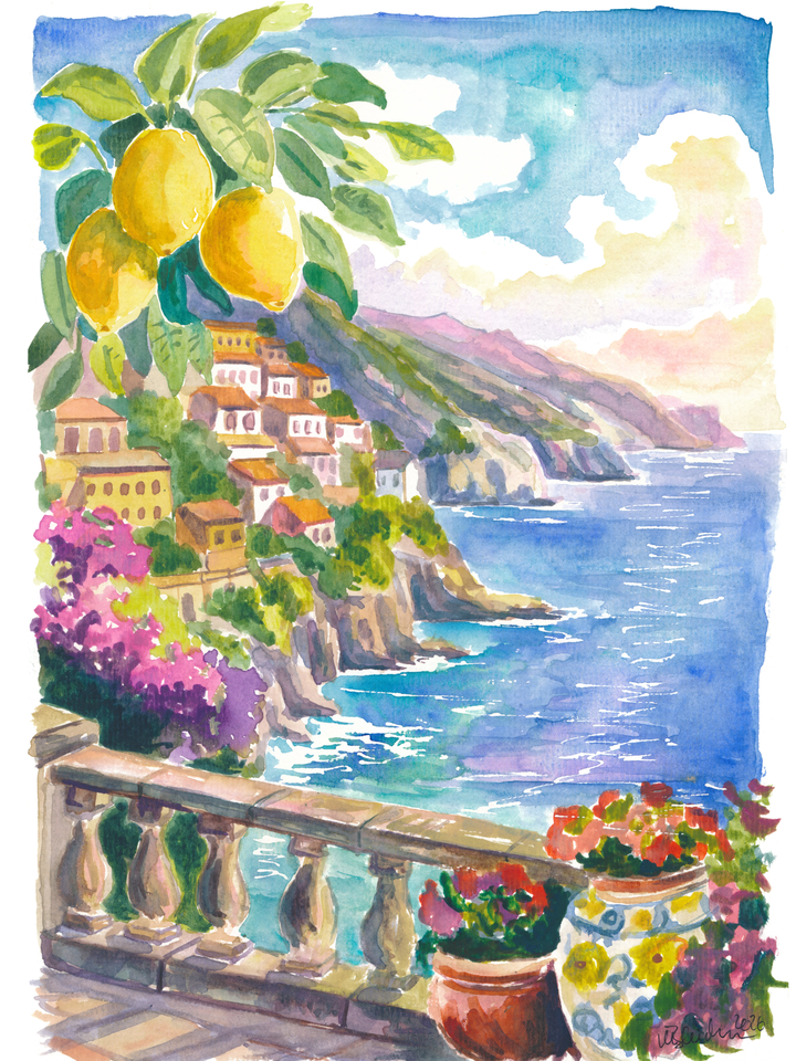Amalfi Coast View Painting with Lemons and Bougainvillea