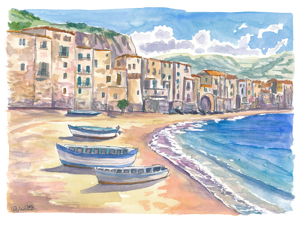 Cefalù Sicily Coastal Painting with Old Town