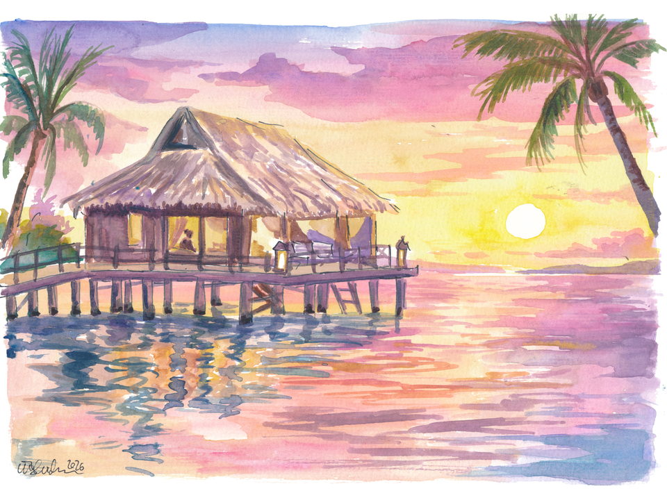 Overwater Bungalow Tropical Painting with Sunrise