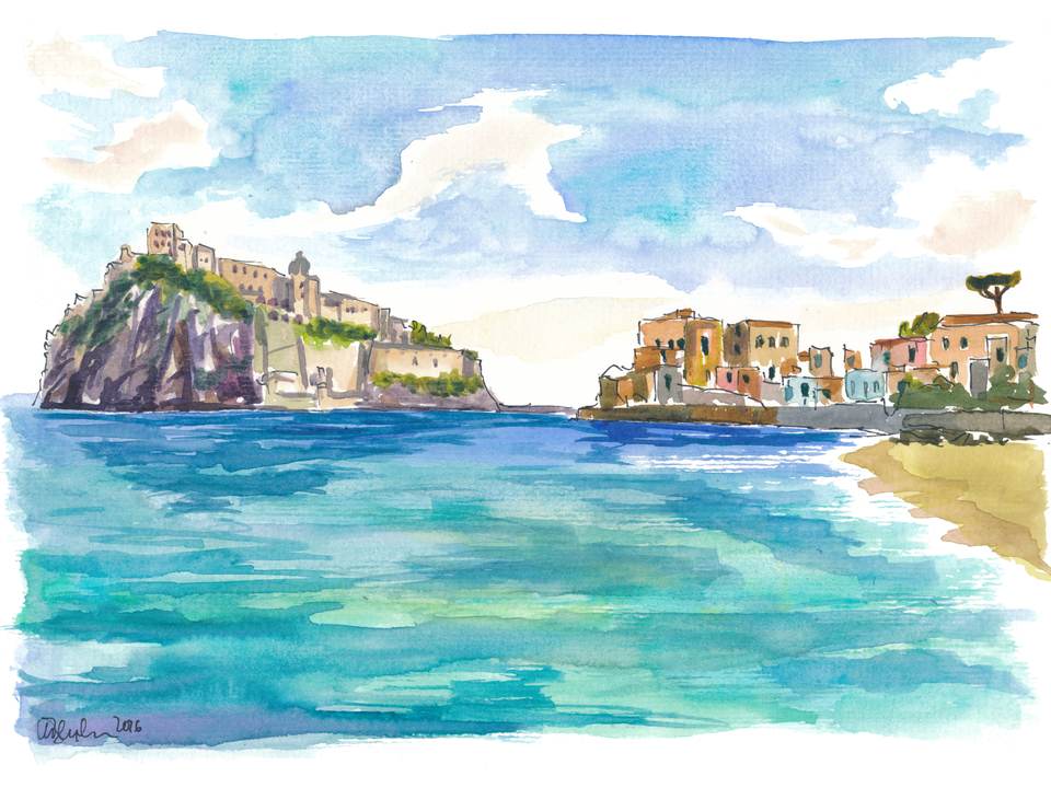 Ischia Waterfront Painting with Castello Aragonese and Mediterranean Sea View