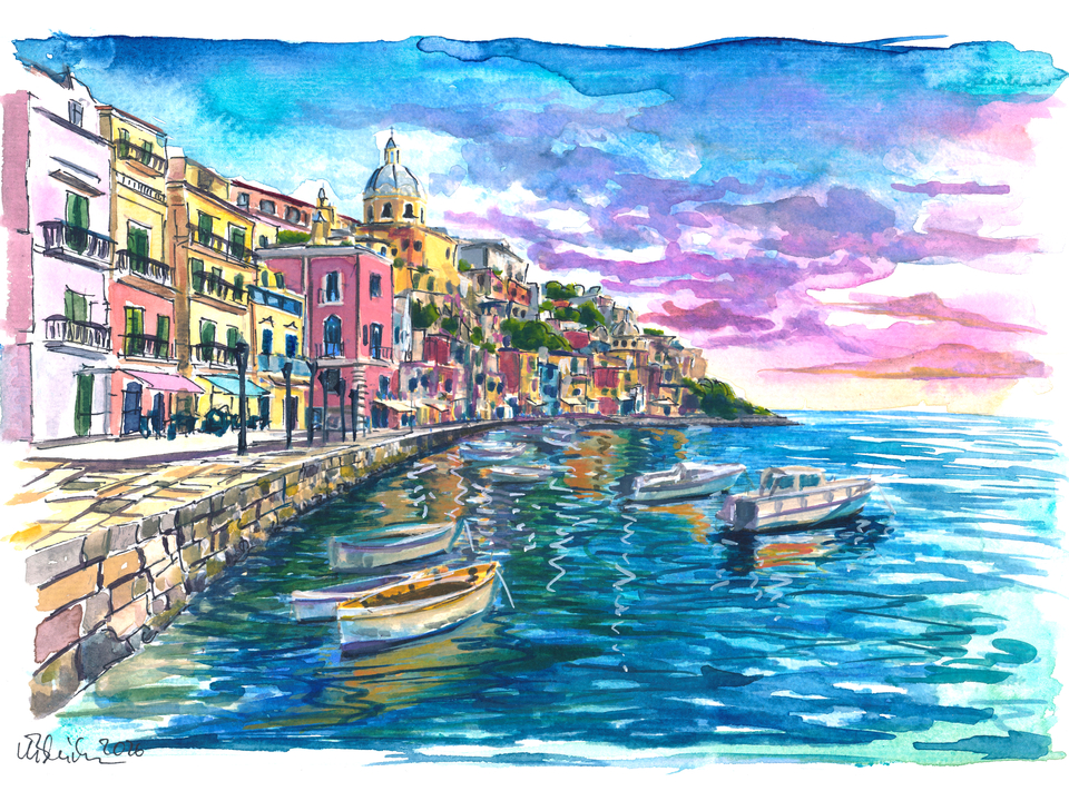 Procida Harbor Painting with Colorful Houses