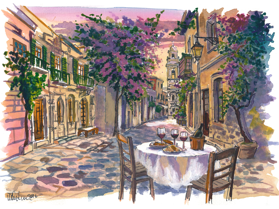 Rethymno Street Scene Painting with Venetian Architecture