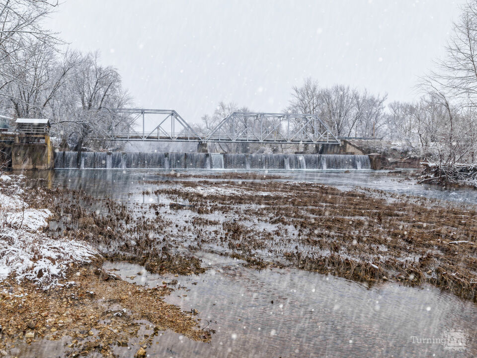 Snowfall Over Ozark Finley River Bridge